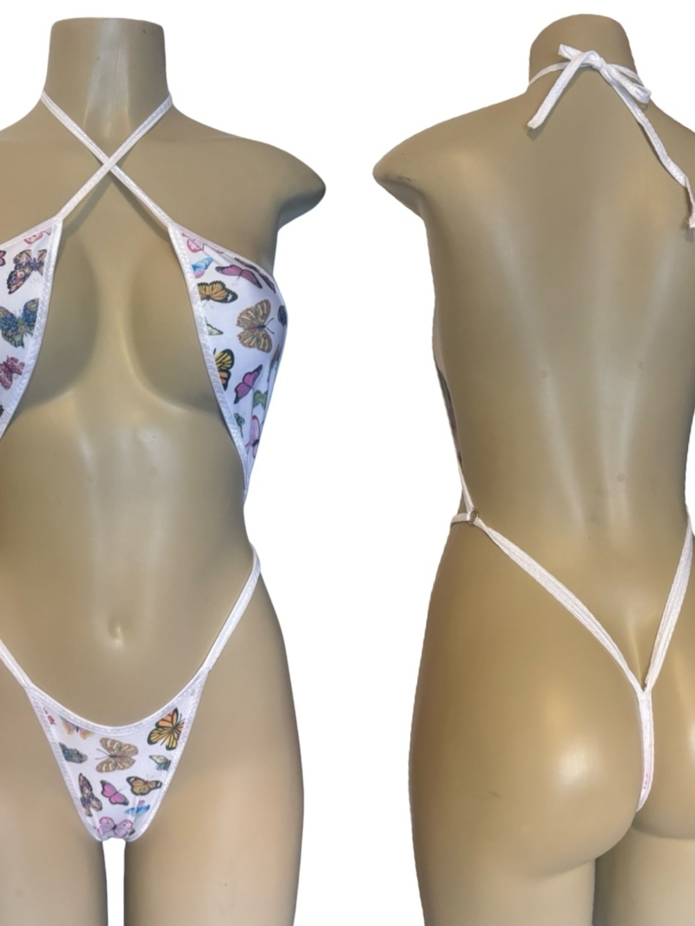 White Butterfly Print Halter One-Piece Swimsuit